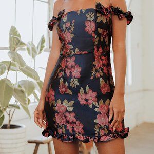 Pop the Bottle Navy Blue Floral Jacquard Ruffled Mini Dress